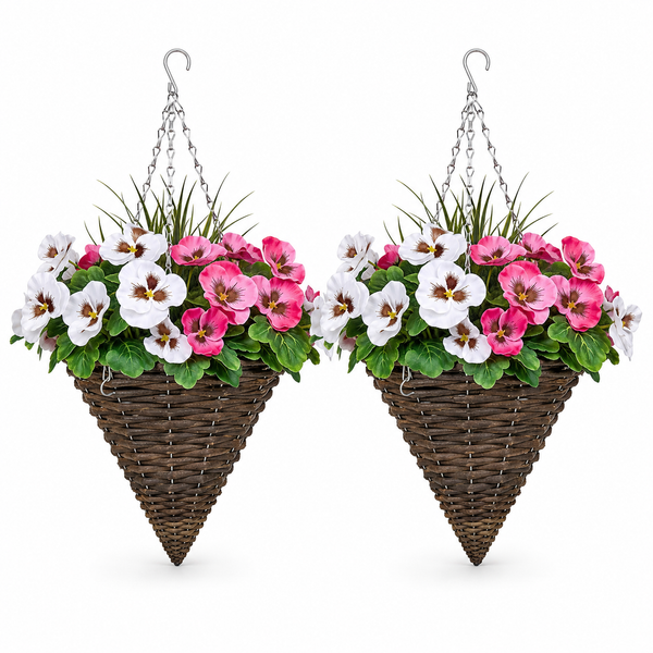 Pink & White Pansy Cone Shaped Rattan Hanging Basket (Set of 2) 25cm - A1012