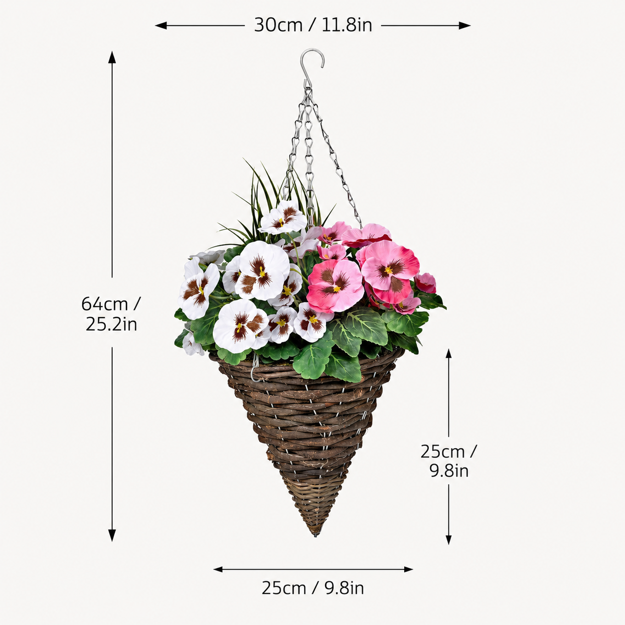 Pink & White Pansy Cone Shaped Rattan Hanging Basket (Set of 2) 25cm - A1012