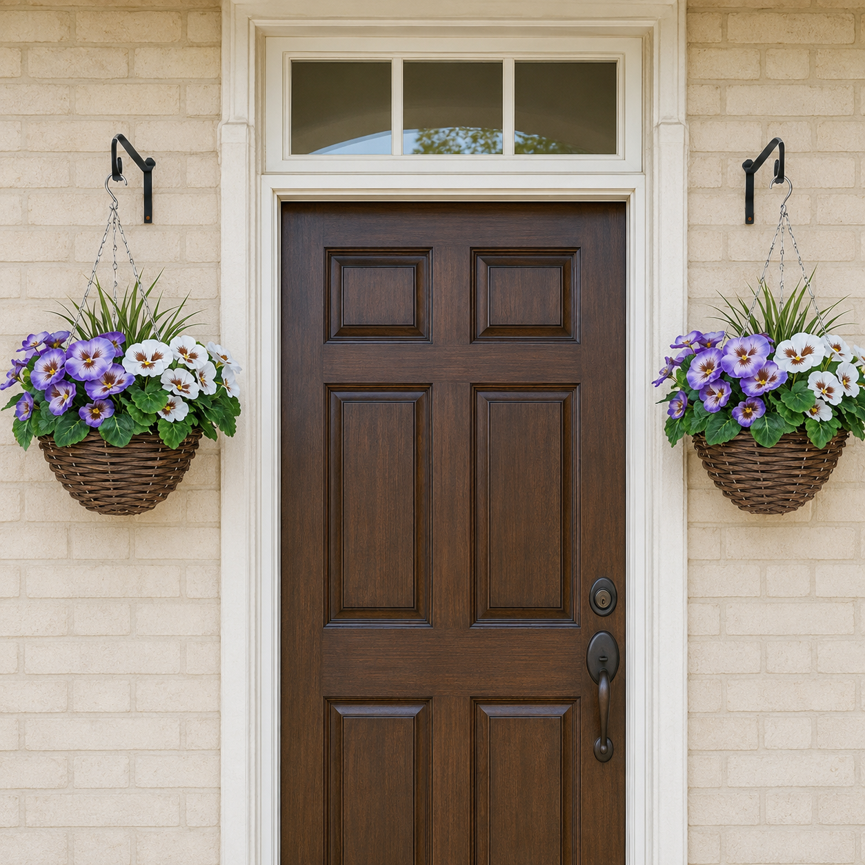 Purple & White Pansy Round Rattan Hanging Baskets (Set of 2) 25cm - A1013
