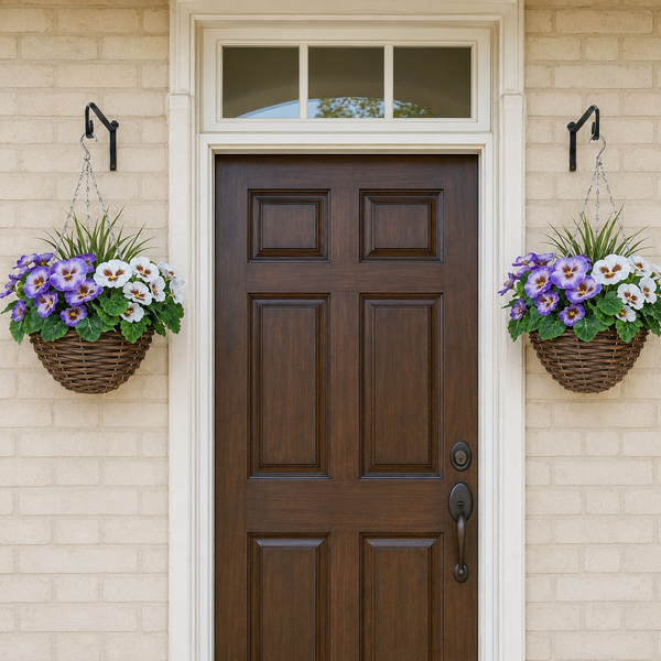 Purple & White Pansy Round Rattan Hanging Baskets (Set of 2) 25cm - A1013