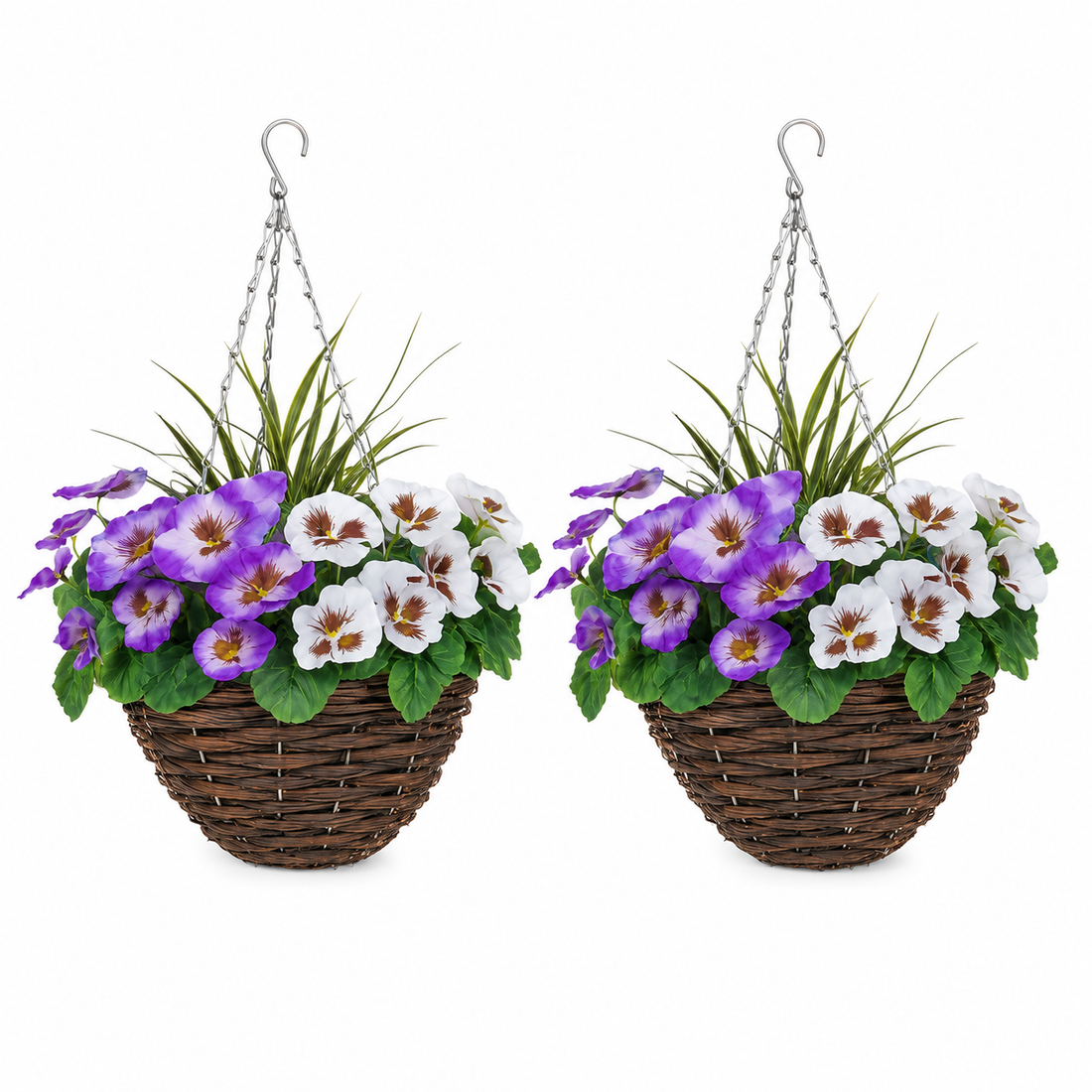 Purple & White Pansy Round Rattan Hanging Baskets (Set of 2) 25cm - A1013