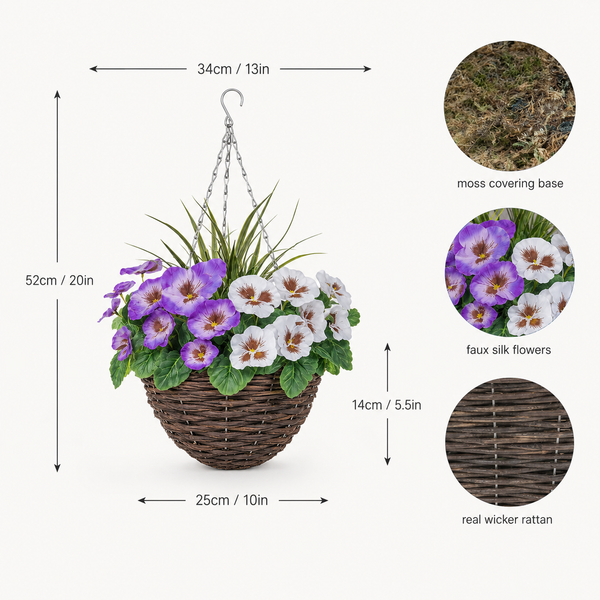 Purple & White Pansy Round Rattan Hanging Baskets (Set of 2) 25cm - A1013