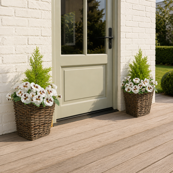 White Pansy Conifer Rattan Patio Planter (Set of 2) 60cm/24in - A1014
