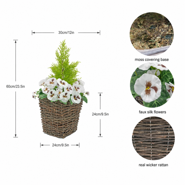 White Pansy Conifer Rattan Patio Planter (Set of 2) 60cm/24in - A1014