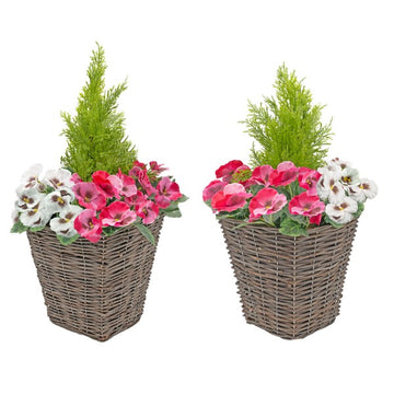Pink & White Pansy Rattan Patio Planter (Set of 2) 60cm/24in - A1015