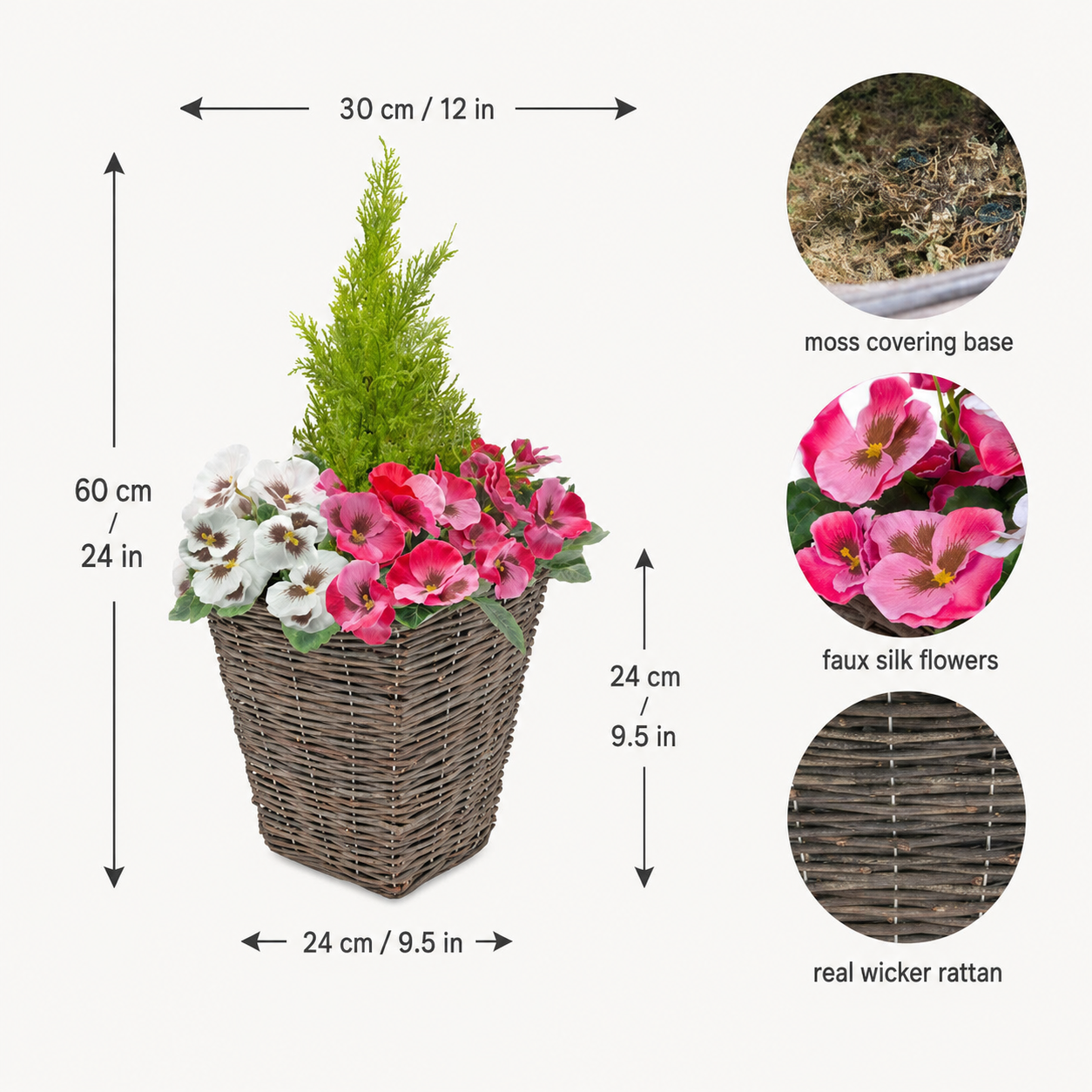 Pink & White Pansy Rattan Patio Planter (Set of 2) 60cm/24in - A1015