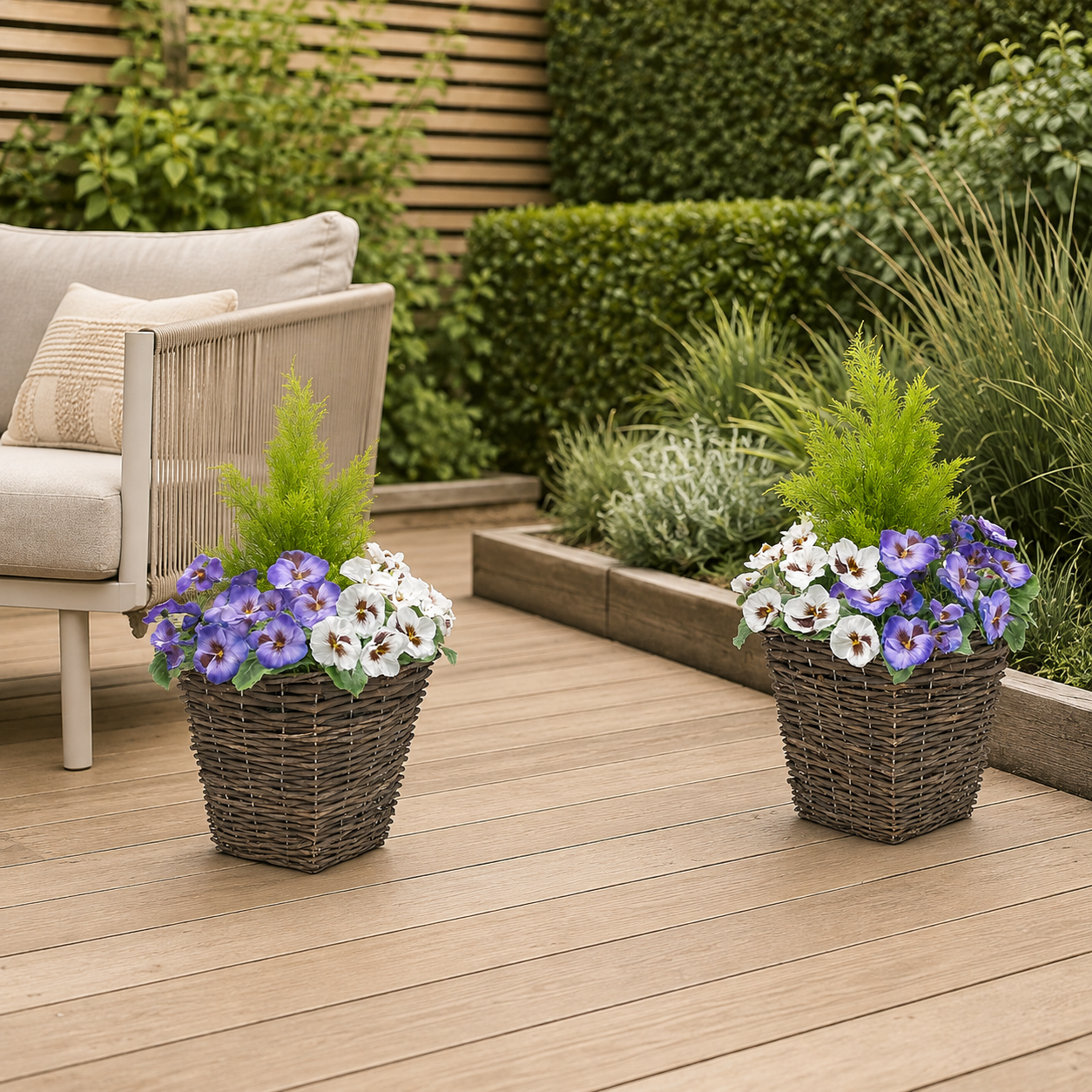 Purple & White Pansy Rattan Patio Planter (Set of 2) 60cm/24in - A1016