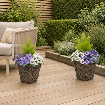 Purple & White Pansy Rattan Patio Planter (Set of 2) 60cm/24in - A1016