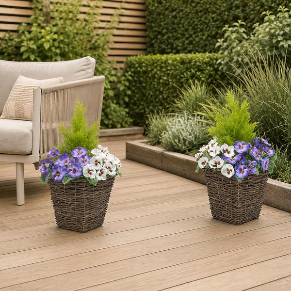 Purple & White Pansy Rattan Patio Planter (Set of 2) 60cm/24in - A1016
