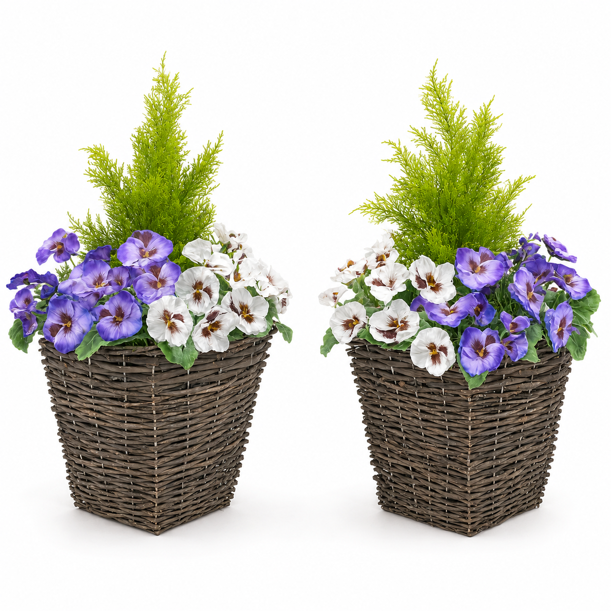Purple & White Pansy Rattan Patio Planter (Set of 2) 60cm/24in - A1016