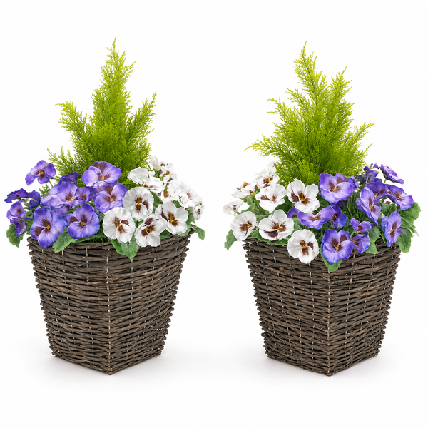 Purple & White Pansy Rattan Patio Planter (Set of 2) 60cm/24in - A1016