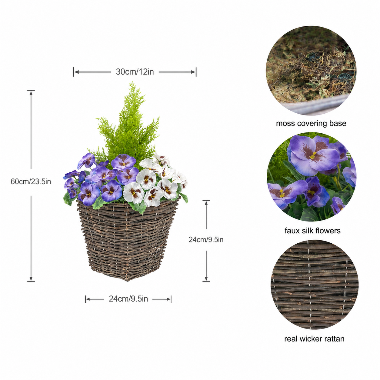 Purple & White Pansy Rattan Patio Planter (Set of 2) 60cm/24in - A1016
