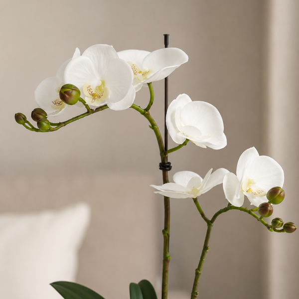 Elegant Real Touch Double Stem White Potted Orchid in Round White Ceramic Pot (46cm) - A1041