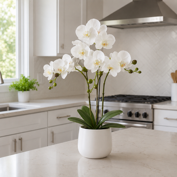 Elegant Real Touch Large Triple Stem White Potted Orchid in Round White Ceramic Pot (65cm) - A1042