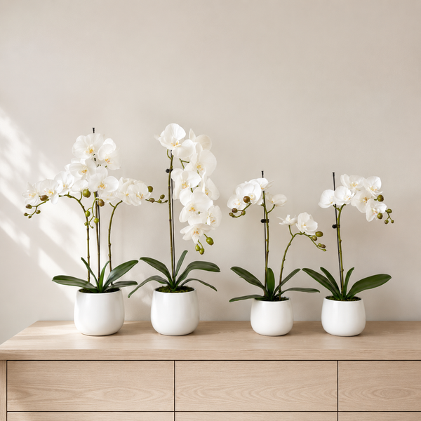Elegant Real Touch Large Triple Stem White Potted Orchid in Round White Ceramic Pot (65cm) - A1042