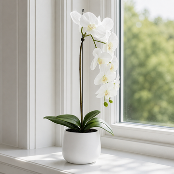 Elegant Real Touch Large White Single Stem Orchid in Round White Ceramic Pot (65cm) - A1043