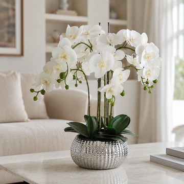 Elegant Real Touch Large Six Stem Butterfly Potted Orchid in Decorative Silver Ceramic Pot (65cm) - A1044