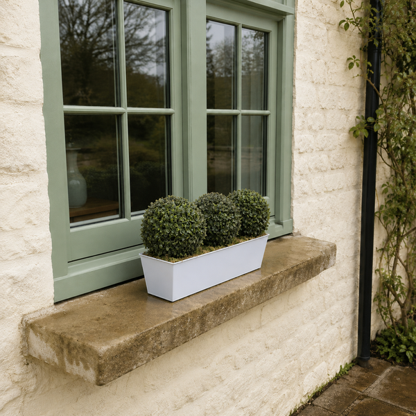Topiary Triple Ball Aglaia Boxwood in White Slanted Tin Window Box 54cm/21in - A1049