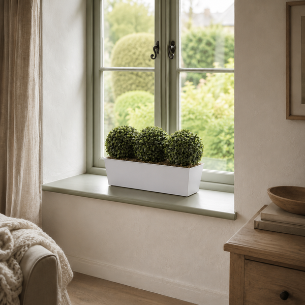 Topiary Triple Ball Aglaia Boxwood in White Slanted Tin Window Box 54cm/21in - A1049