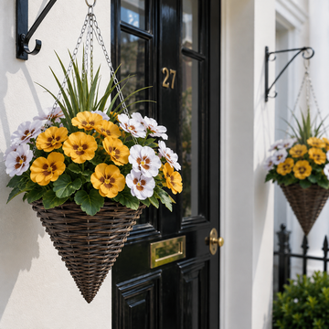 Yellow & White Pansy Cone Shaped Rattan Hanging Basket (Set of 2) 25cm - A1060