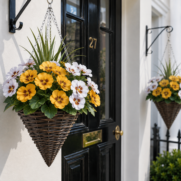 Yellow & White Pansy Cone Shaped Rattan Hanging Basket (Set of 2) 25cm - A1060