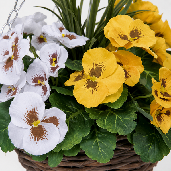 Yellow & White Pansy Cone Shaped Rattan Hanging Basket (Set of 2) 25cm - A1060