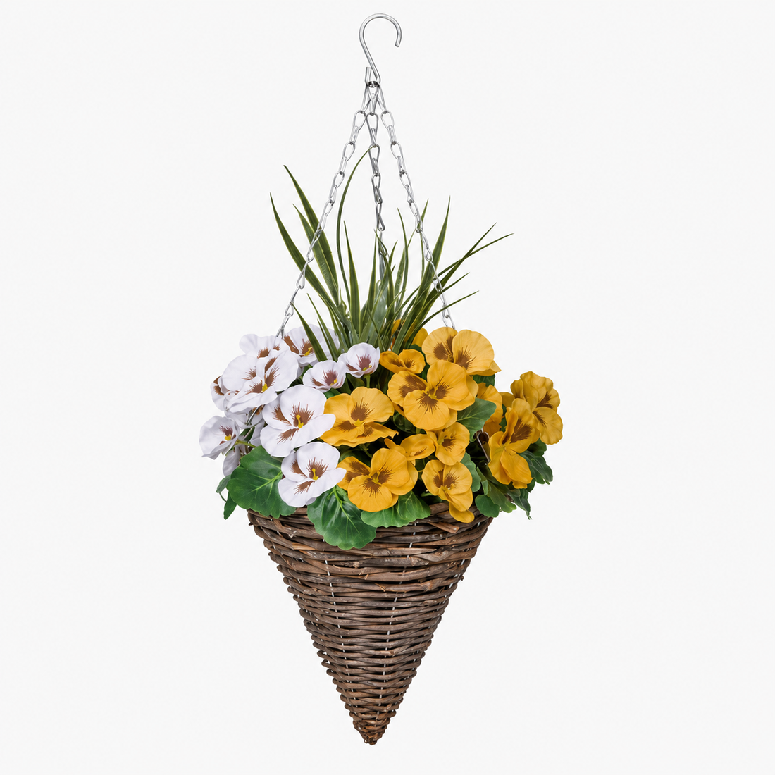Yellow & White Pansy Cone Shaped Rattan Hanging Basket (Set of 2) 25cm - A1060