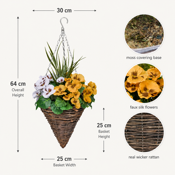 Yellow & White Pansy Cone Shaped Rattan Hanging Basket (Set of 2) 25cm - A1060