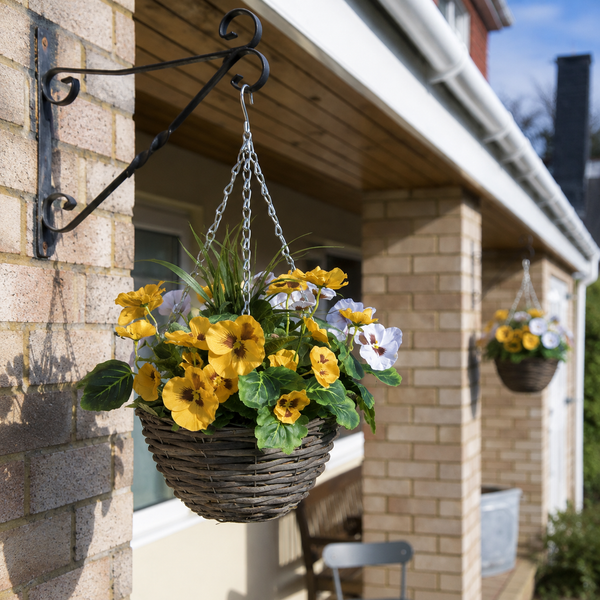 Yellow & White Pansy Round Rattan Hanging Basket (Set of 2) 25cm - A1061