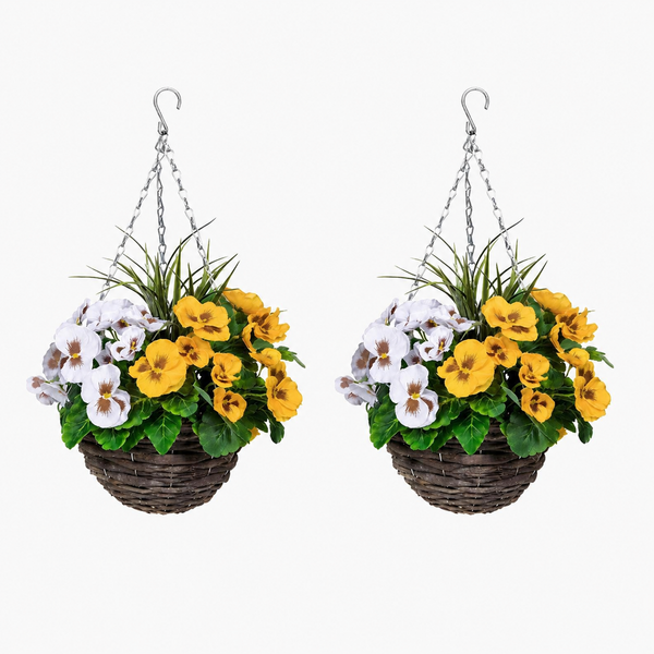 Yellow & White Pansy Round Rattan Hanging Basket (Set of 2) 25cm - A1061