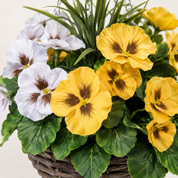 Yellow & White Pansy Round Rattan Hanging Basket (Set of 2) 25cm - A1061