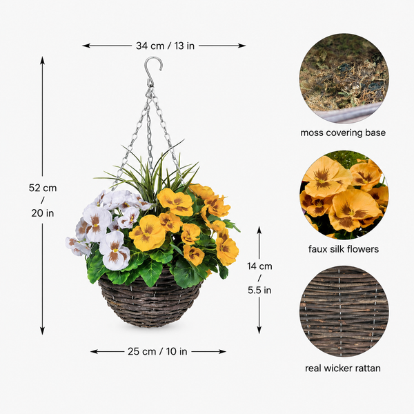 Yellow & White Pansy Round Rattan Hanging Basket (Set of 2) 25cm - A1061