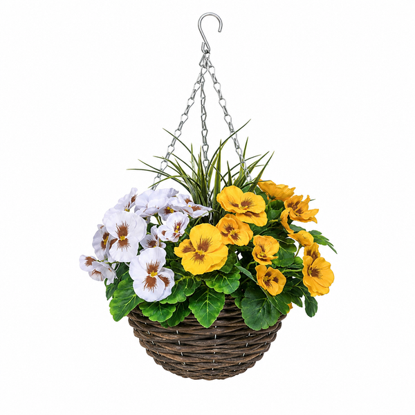 Yellow & White Pansy Round Rattan Hanging Basket (Set of 2) 25cm - A1061