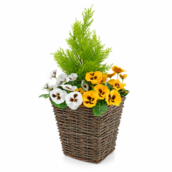 Yellow & White Pansy Rattan Patio Planters (Set of 2) 60cm/24in  - A1062