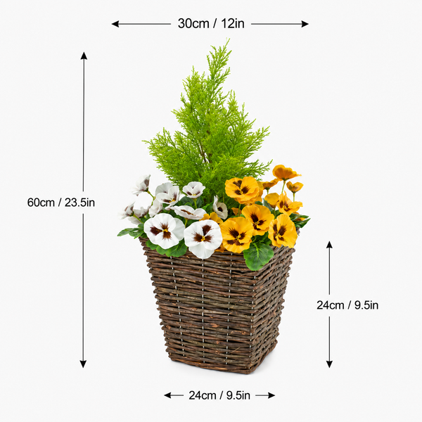 Yellow & White Pansy Rattan Patio Planters (Set of 2) 60cm/24in  - A1062