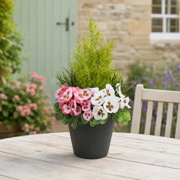 Pink & White Pansy Black Patio Planter 60cm/24in - A1079