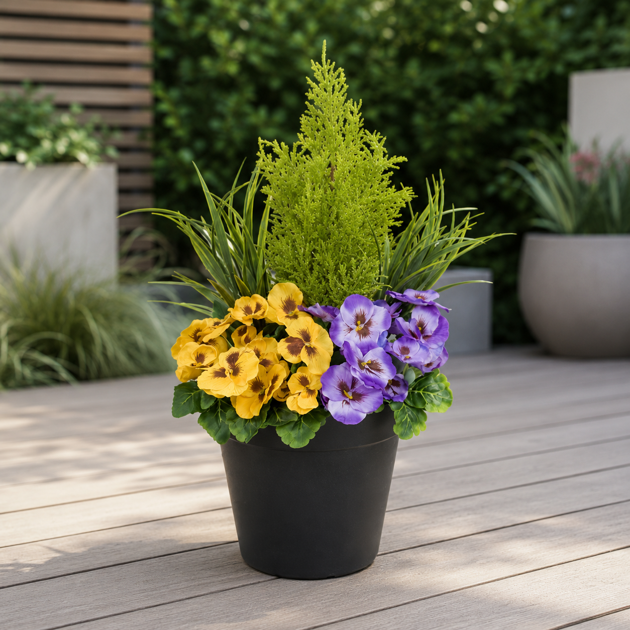 Purple & Yellow Pansy Black Patio Planter 60cm/24in - A1080