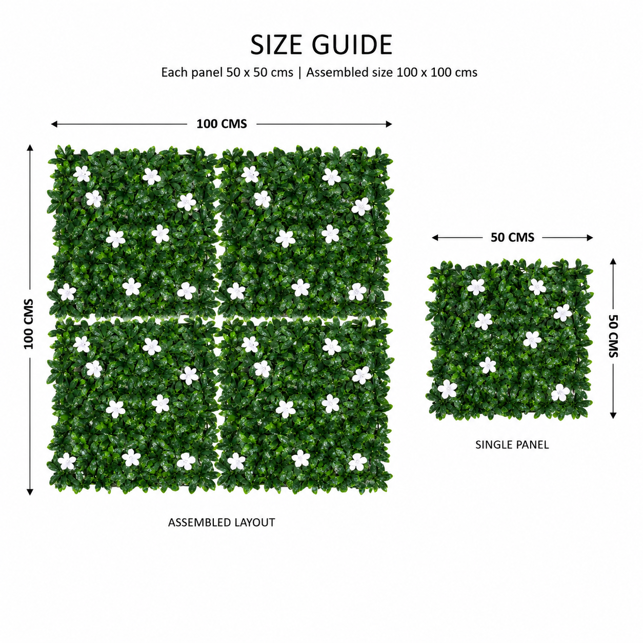 Green Wall Hedge with Dark Leaf Foliage and White Flowers (Pack of 4) 50cm x 50cm - A1136