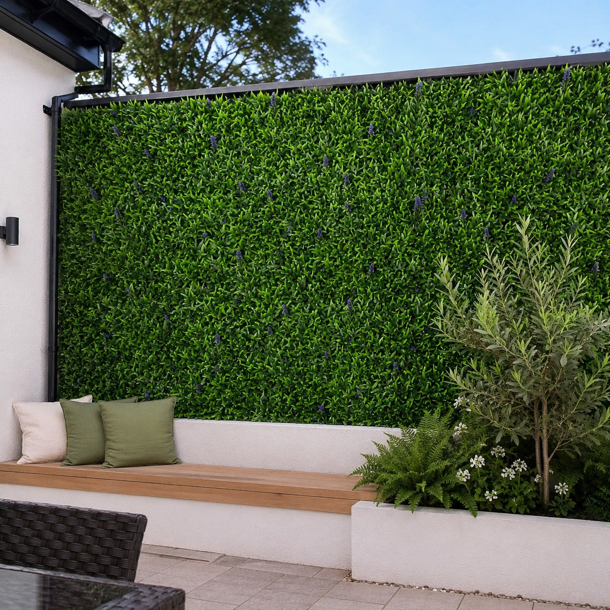 Green Wall Hedge with Green Leaf Foliage and Purple Flowers (Pack of 4) 50cm x 50cm - A1137