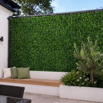 Green Wall Hedge with Green Leaf Foliage and Purple Flowers (Pack of 4) 50cm x 50cm - A1137