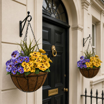 Purple & Yellow Pansy Round Coir Hanging Basket (Set of 2) 25cm - A1156