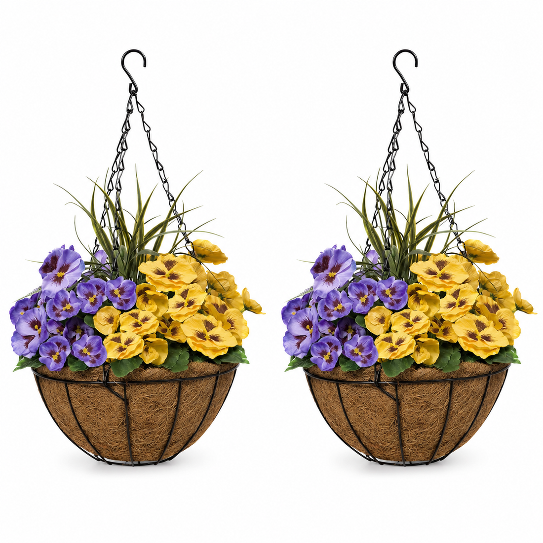 Purple & Yellow Pansy Round Coir Hanging Basket (Set of 2) 25cm - A1156