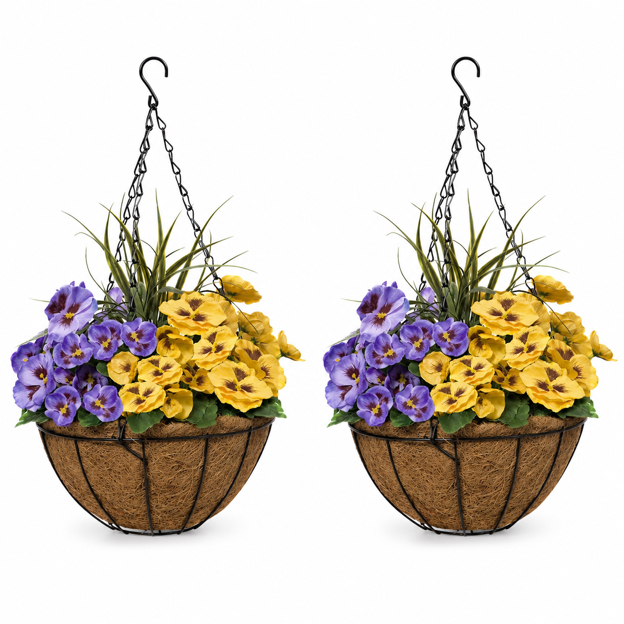 Purple & Yellow Pansy Round Coir Hanging Basket (Set of 2) 25cm - A1156