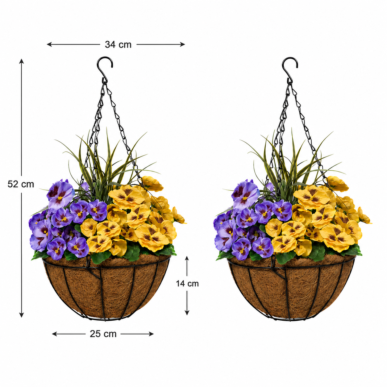 Purple & Yellow Pansy Round Coir Hanging Basket (Set of 2) 25cm - A1156