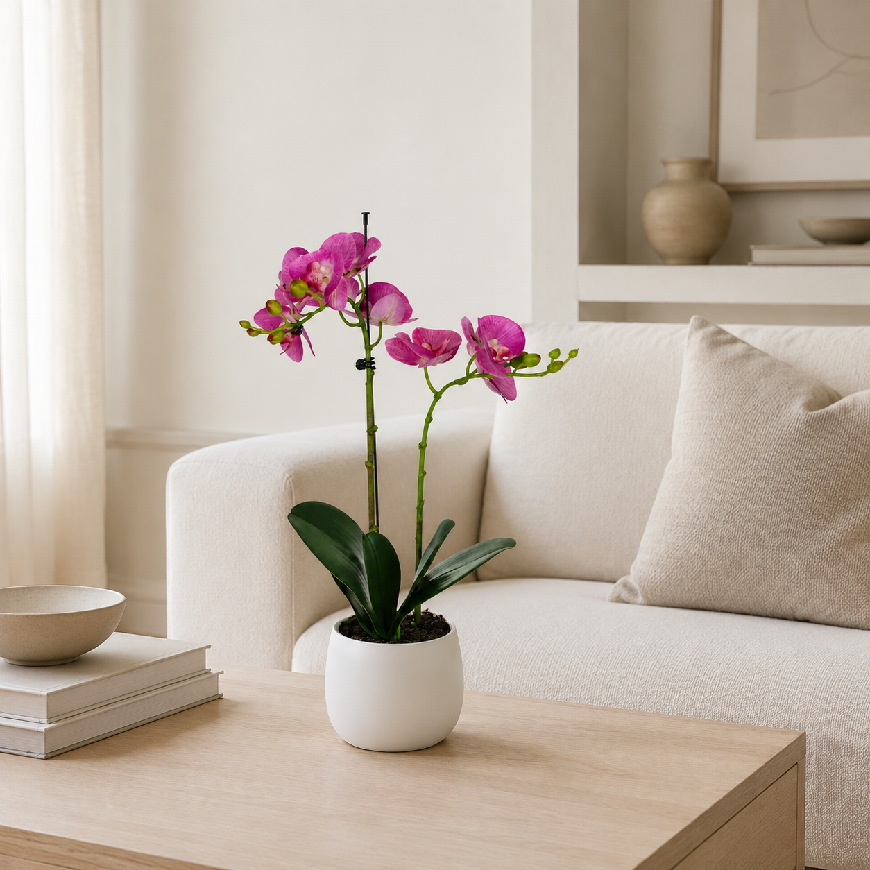 Elegant Real Touch Double Stem Pink Potted Orchid in Round White Ceramic Pot (46cm) - A1179