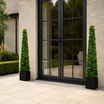 Premium Quality Boxwood Topiary Metal Framed Pyramid Trees in Square Black Planter (Set of 2) 120cm/4ft  -A1181
