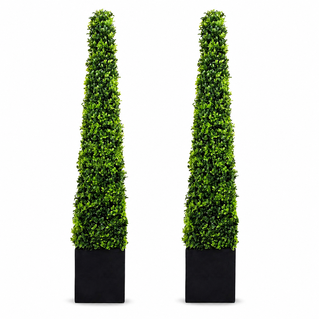 Premium Quality Boxwood Topiary Metal Framed Pyramid Trees in Square Black Planter (Set of 2) 120cm/4ft  -A1181