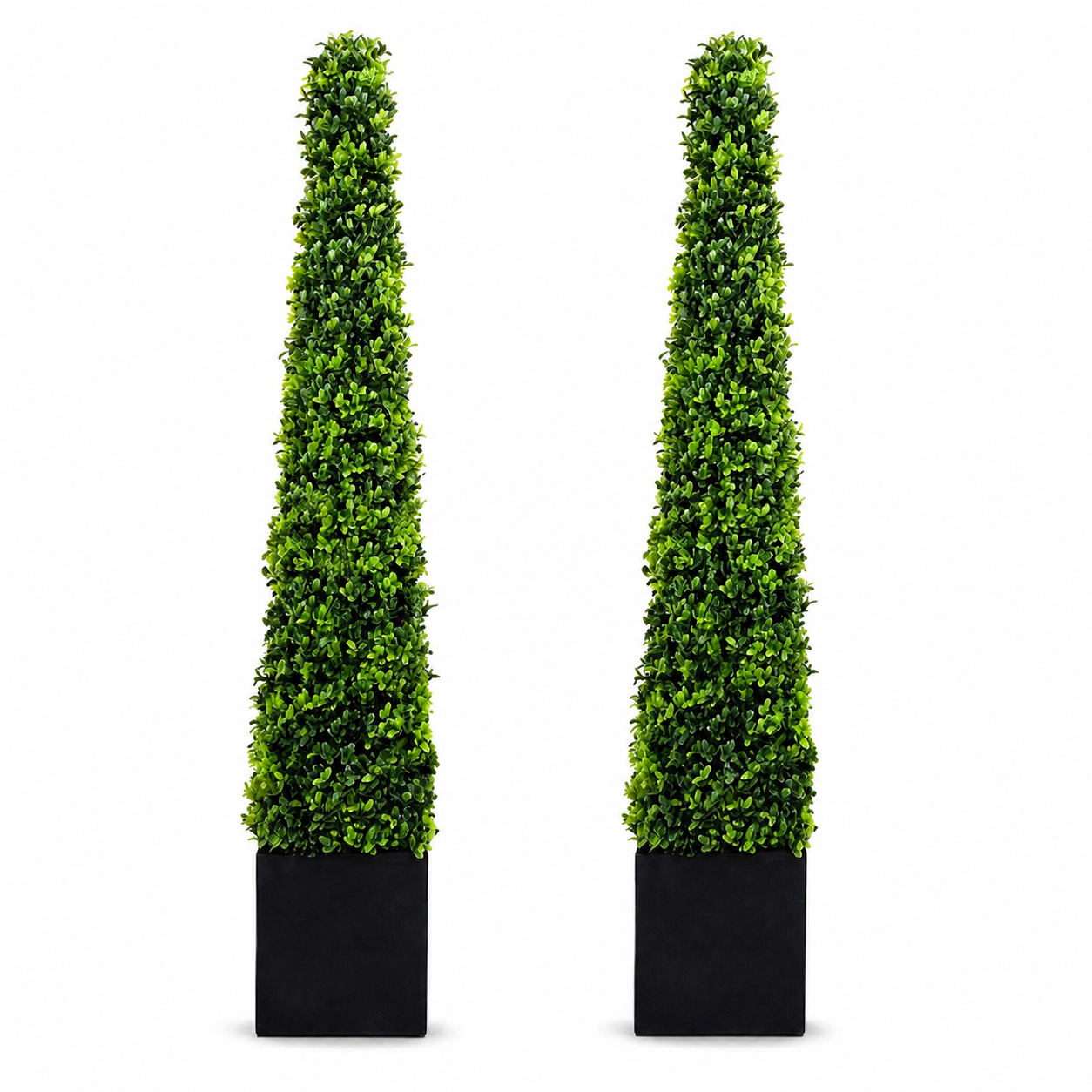 Premium Quality Boxwood Topiary Metal Framed Pyramid Trees in Square Black Planter (Set of 2) 120cm/4ft  -A1181