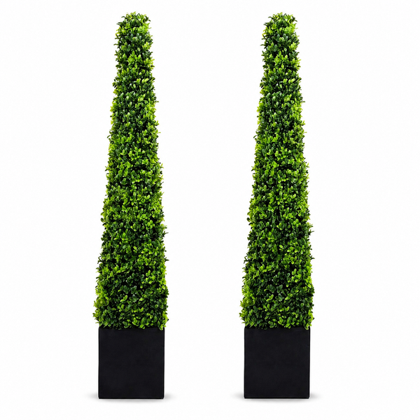 Premium Quality Boxwood Topiary Metal Framed Pyramid Trees in Square Black Planter (Set of 2) 120cm/4ft  -A1181