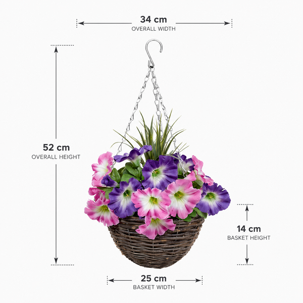 Pink & Purple Round Rattan Petunia Hanging Baskets (Set of 2) 25cm  - A1182